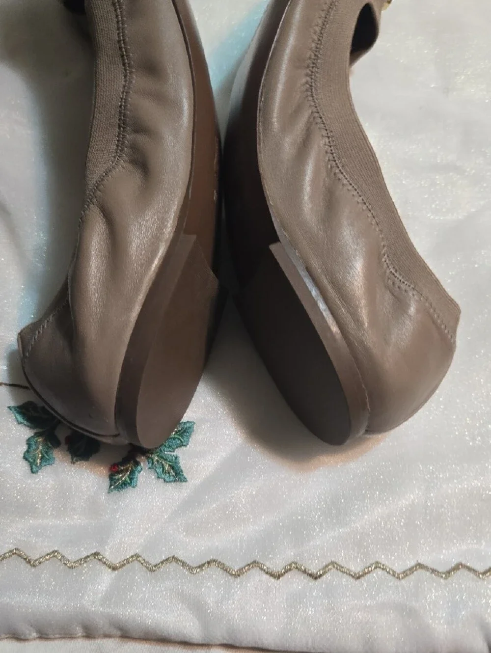 Tory Burch Taupe Patent & Leather Logo Ballet Flats